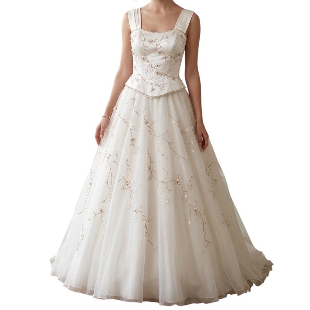 Bonny Bridal Ivory Floral Embroidered Beaded Corset Tulle Gown Wedding Dress 14